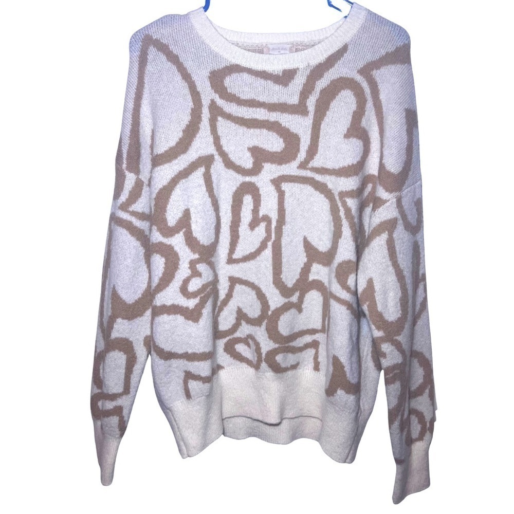 Altar'd State Woman’s Beige Brown Hearts Knit Sweater Size Medium Cozy